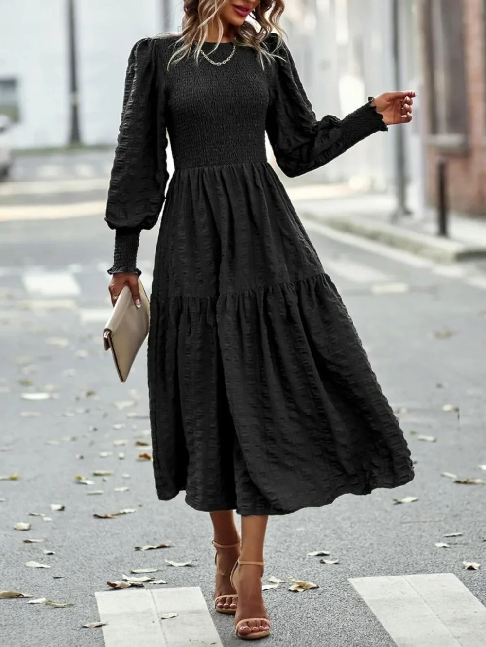 Spring Puff Long Sleeve Maxi Dress - Smocked Empire Waist, Tiered A-line, Flowy